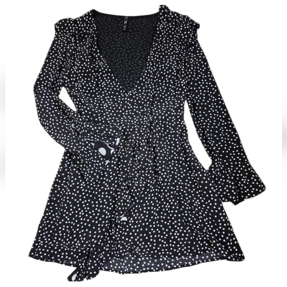 Zara NWOT Black Long Sleeve Romper Dress with White Dots